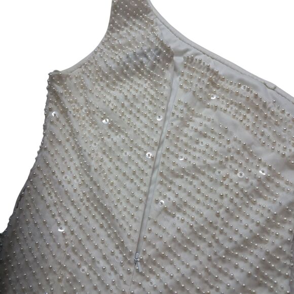 NWT Mac Duggal Gown Womens 2 Ivory One Shoulder Pearl Sequin Asymmetrical Bridal - Picture 12 of 16